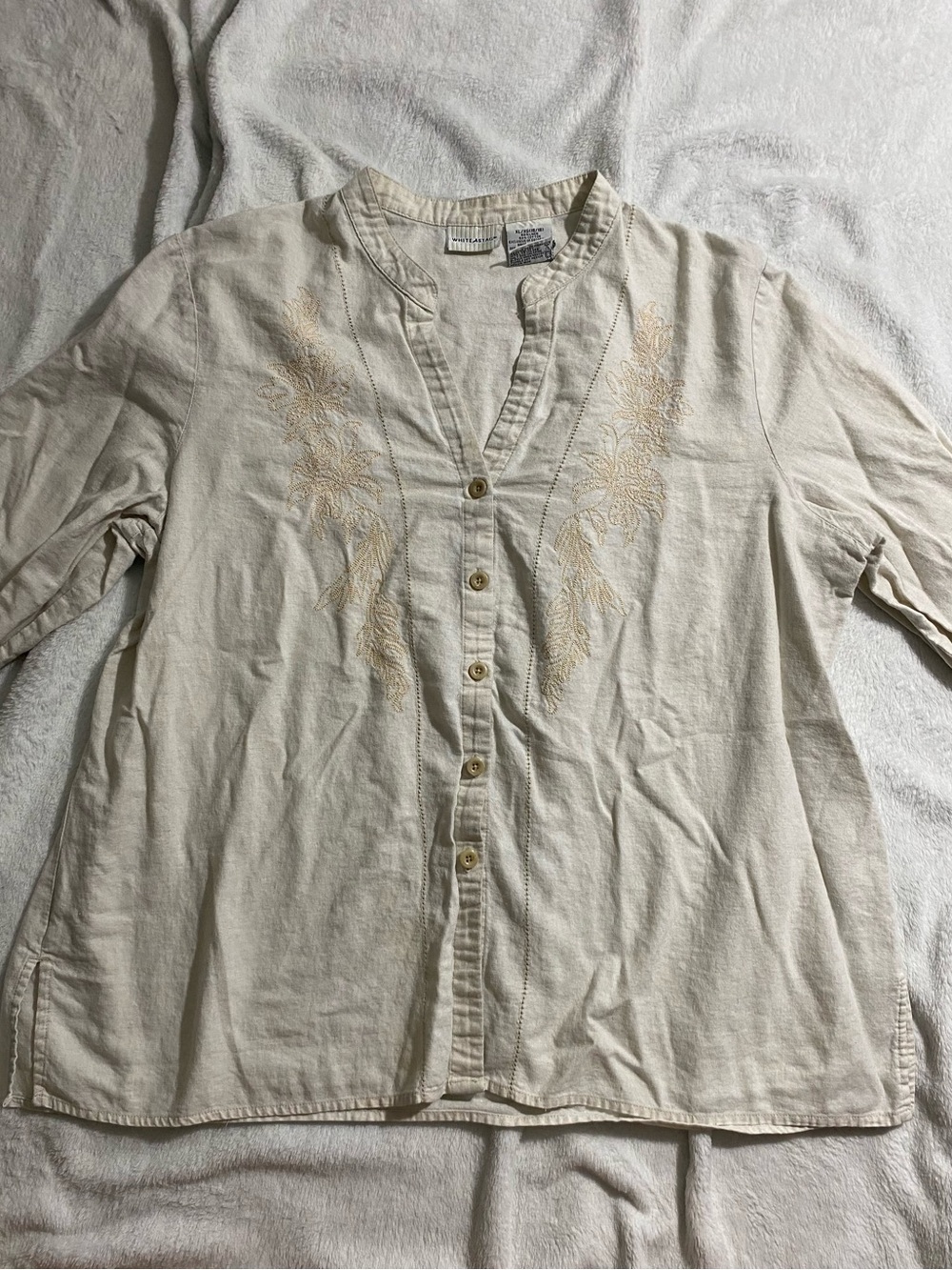 White Stag Cream Button-Front Embroidered Cotton Blouse